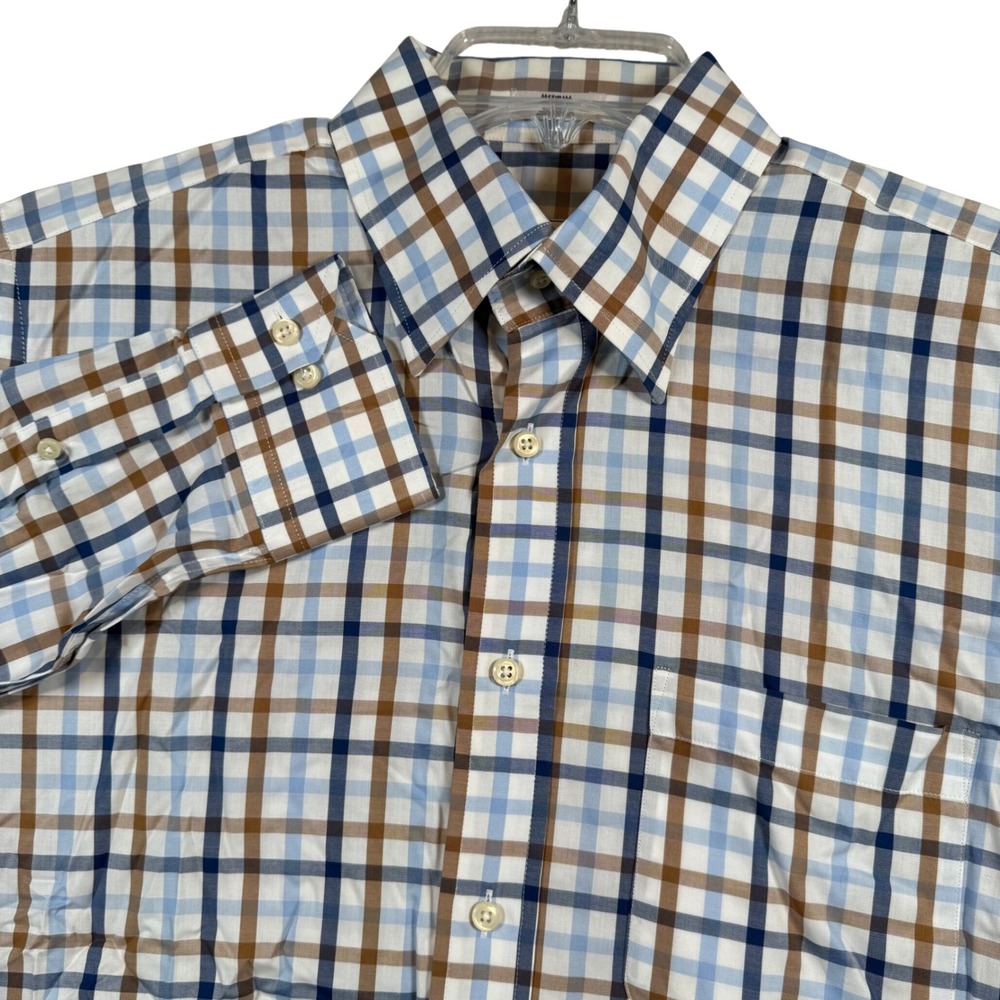 Peter Millar Mens Medium Blue Brown Plaid Cotton Button Down Shirt